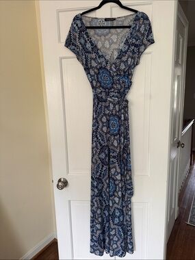 Blue Patterned Wrap Maxi Dress